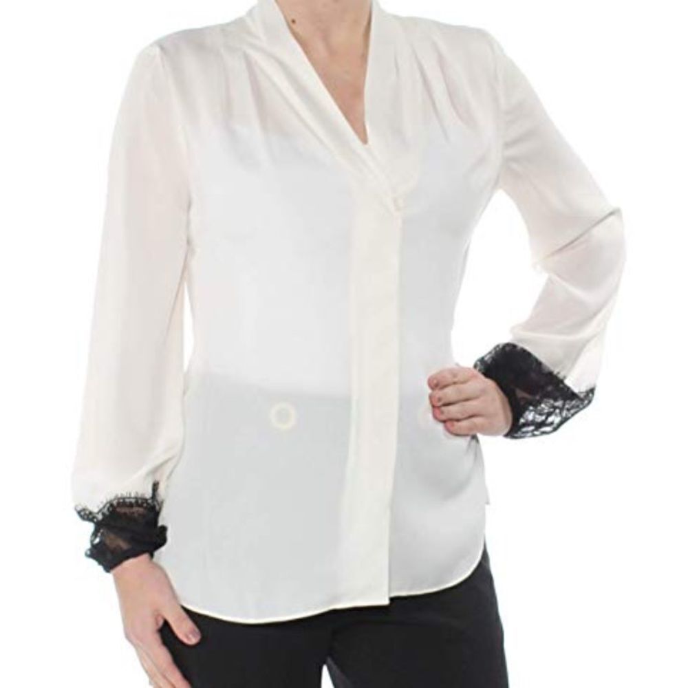 Kobi White Carla Sheer Long Sleeve V-Neck Colorblock Lace Trim Blouse XS